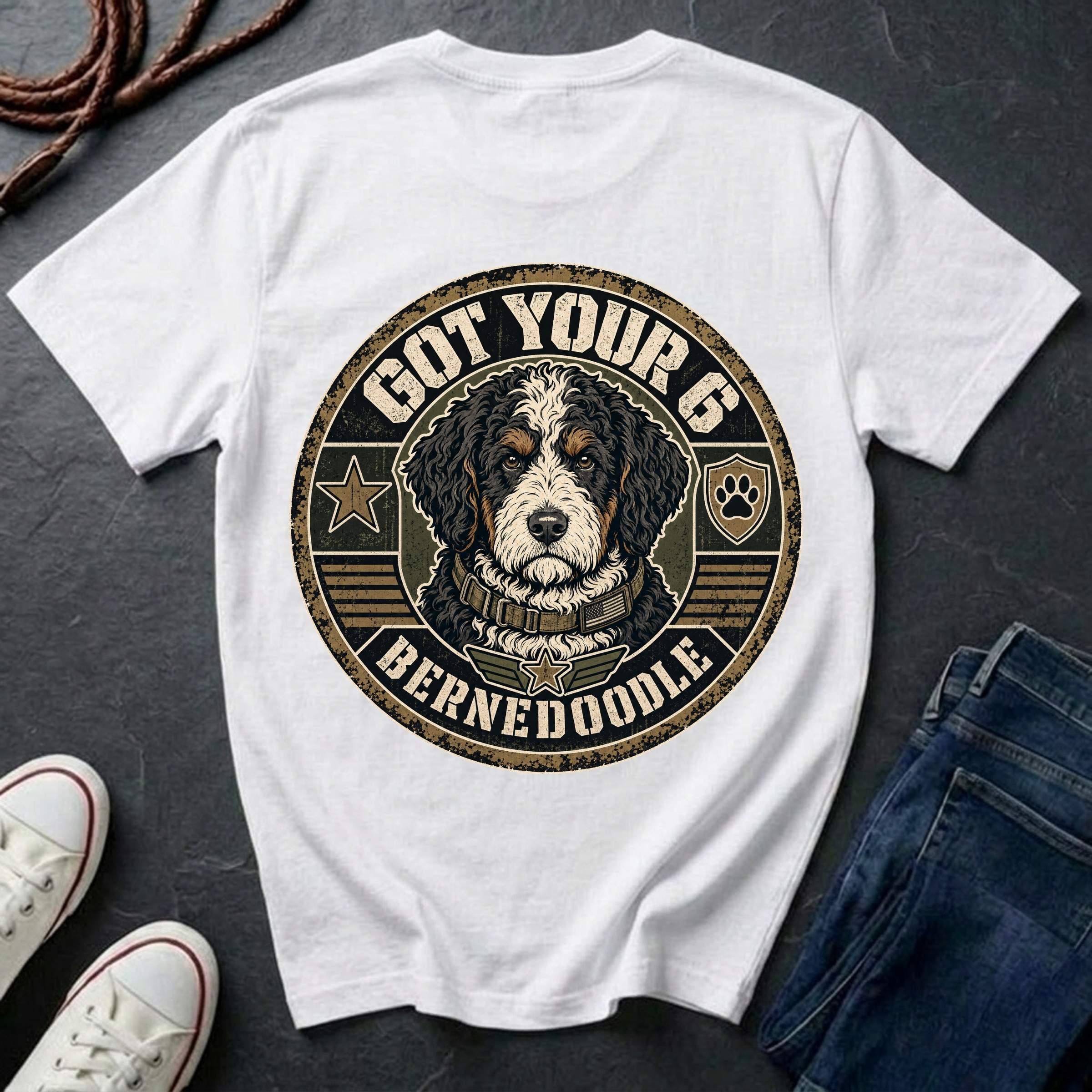 A white short-sleeve T-shirt laid flat on a dark textured surface, featuring a large circular graphic of a Bernedoodle dog with the text 'GOT YOUR 6 BERNEDOODLE.' Jeans, white sneakers, and a rope are partially visible around the shirt as styling props.