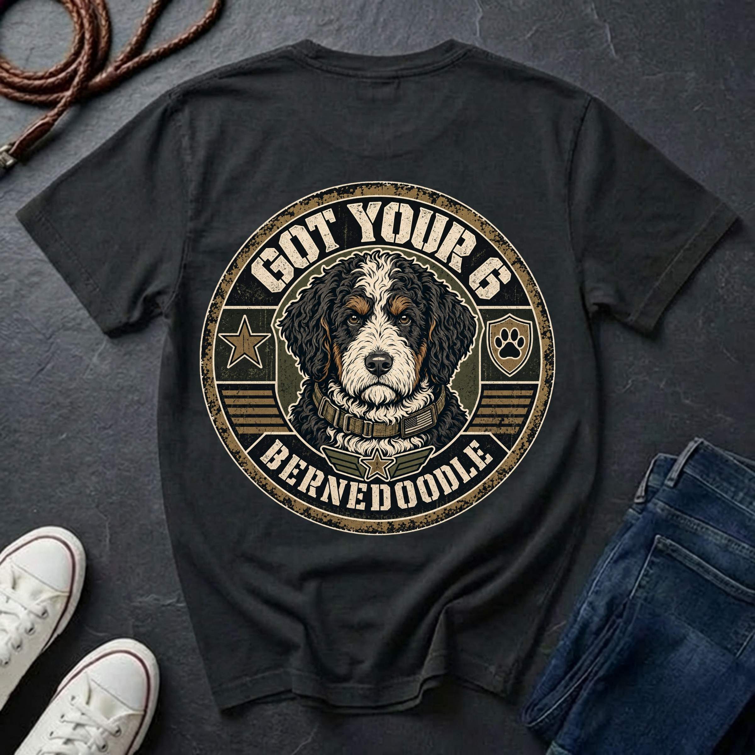 A black graphic t-shirt featuring a Bernedoodle dog illustration inside a circular badge design with the text 'GOT YOUR 6 BERNEDOODLE'. The shirt is styled in a flat-lay arrangement on a dark slate background with jeans, sneakers, and a rope.