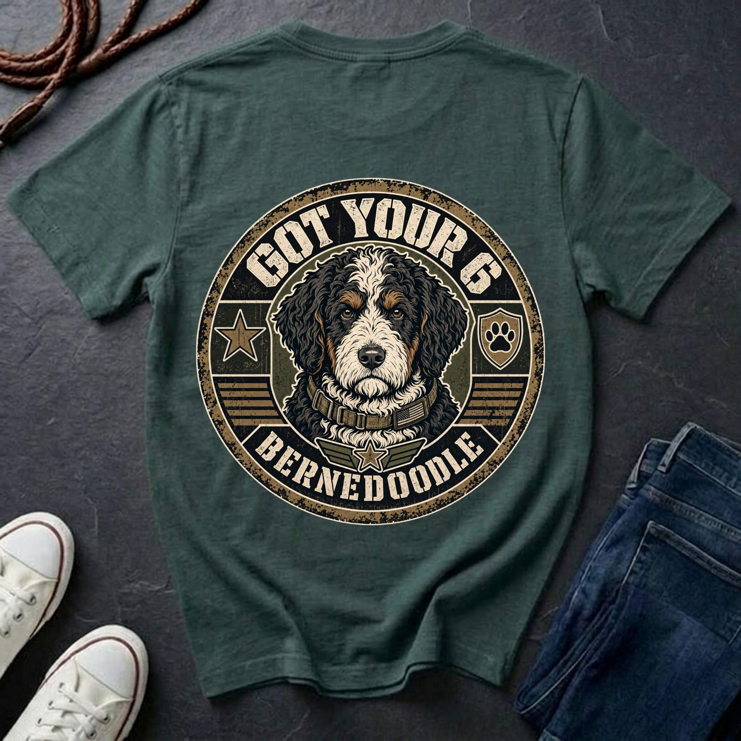 A blue spruce graphic t-shirt laid flat on a dark slate surface, styled with white sneakers, blue jeans, and a rope. The back of the shirt features a large circular graphic of a Bernedoodle dog with the text 'GOT YOUR 6 BERNEDOODLE'.