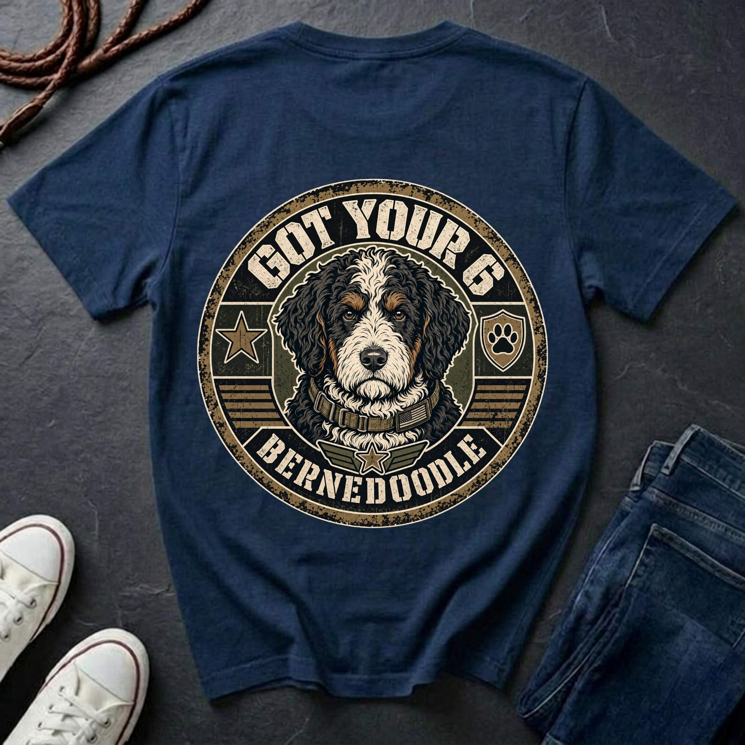A navy blue t-shirt with a circular graphic of a Bernedoodle dog and the text 'GOT YOUR 6 BERNEDOOLE' on the back, styled in a flat lay with jeans, sneakers, and a rope on a dark slate background.