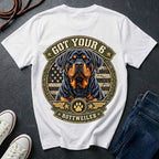 Rottweiler Got Your 6 t-shirt design featuring a tactical badge with Rottweiler portrait on a white Comfort Colors tee