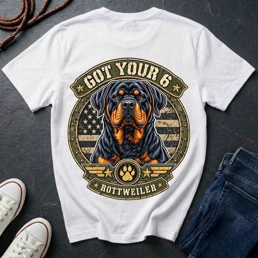 Rottweiler Got Your 6 t-shirt design featuring a tactical badge with Rottweiler portrait on a white Comfort Colors tee