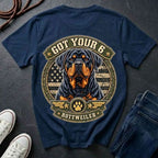 Rottweiler Got Your 6 t-shirt design featuring a tactical badge with Rottweiler portrait on a navy Comfort Colors tee