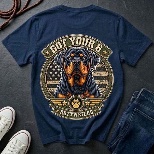 Rottweiler Got Your 6 t-shirt design featuring a tactical badge with Rottweiler portrait on a navy Comfort Colors tee
