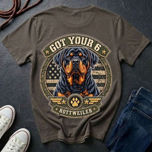 Rottweiler Got Your 6 t-shirt design featuring a tactical badge with Rottweiler portrait on a grey Comfort Colors tee