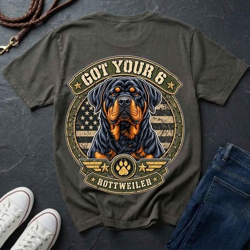 Rottweiler Got Your 6 t-shirt design featuring a tactical badge with Rottweiler portrait on a pepper Comfort Colors tee