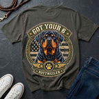 Rottweiler Got Your 6 t-shirt design featuring a tactical badge with Rottweiler portrait on a pepper Comfort Colors tee