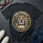  Pit Bull Got Your 6 t-shirt design featuring natural-eared dog portrait on tactical camo badge, Comfort Colors tee, back print