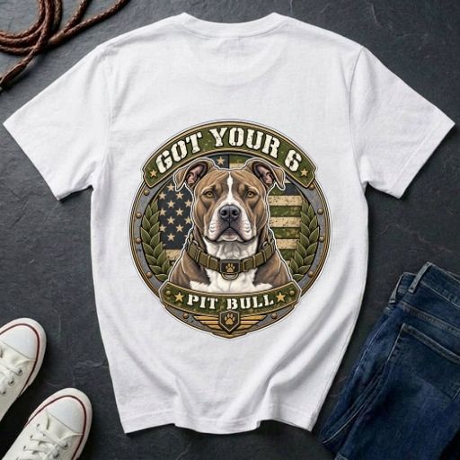  Pit Bull Got Your 6 t-shirt design featuring natural-eared dog portrait on tactical camo badge, Comfort Colors tee, back print