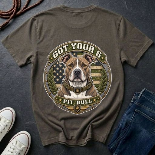  Pit Bull Got Your 6 t-shirt design featuring natural-eared dog portrait on tactical camo badge, Comfort Colors tee, back print