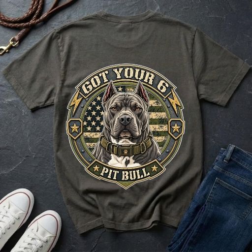 Pit Bull Got Your 6 t-shirt design featuring tactical camo badge with dog portrait and lightning bolt accents on Comfort Colors tee, back print