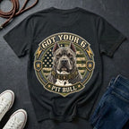 Pit Bull Got Your 6 t-shirt design featuring tactical camo badge with dog portrait and lightning bolt accents on Comfort Colors tee, back print