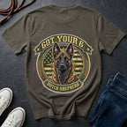  Dutch Shepherd Got Your 6 t-shirt design featuring tactical camo badge with brindle dog portrait on Comfort Colors tee, back print