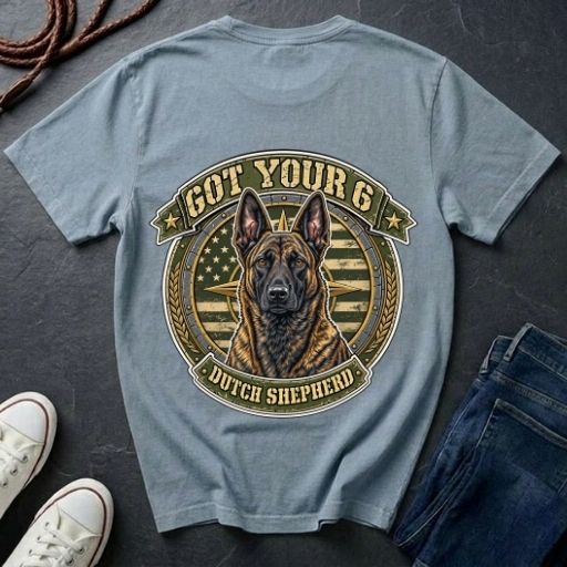  Dutch Shepherd Got Your 6 t-shirt design featuring tactical camo badge with brindle dog portrait on Comfort Colors tee, back print