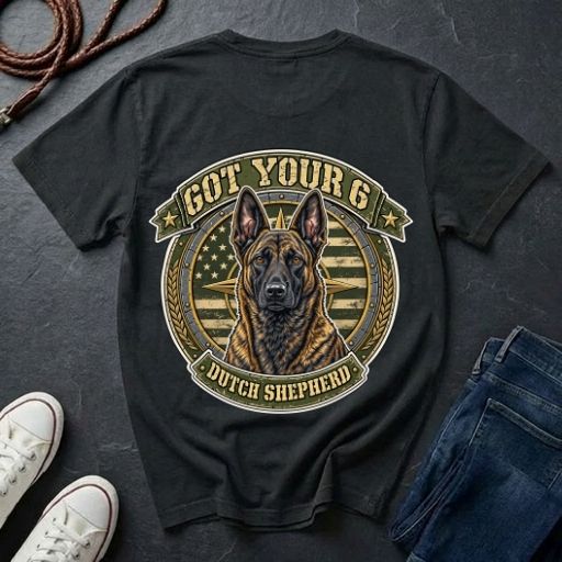  Dutch Shepherd Got Your 6 t-shirt design featuring tactical camo badge with brindle dog portrait on Comfort Colors tee, back print