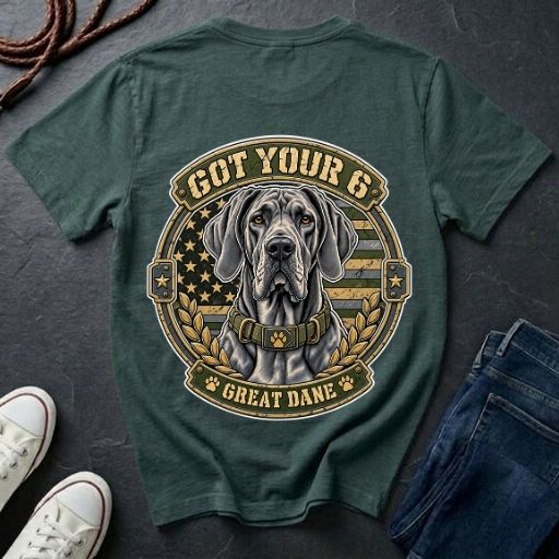 Great Dane Got Your 6 t-shirt design featuring tactical camo badge with dog portrait and collar detail on Comfort Colors tee, back print