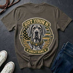 Great Dane Got Your 6 t-shirt design featuring tactical camo badge with dog portrait and collar detail on Comfort Colors tee, back print
