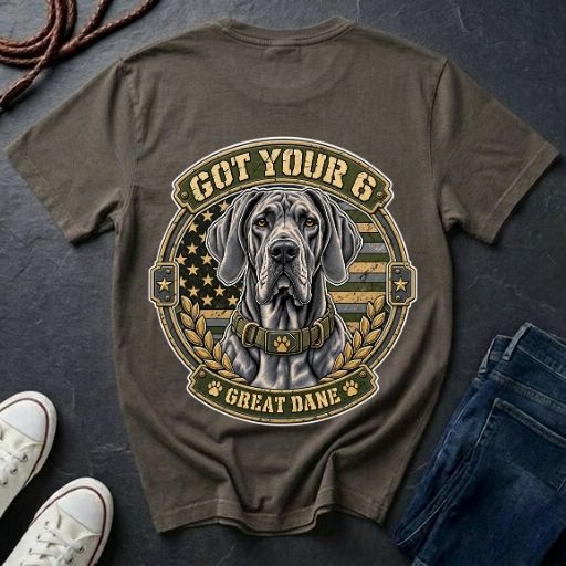 Great Dane Got Your 6 t-shirt design featuring tactical camo badge with dog portrait and collar detail on Comfort Colors tee, back print