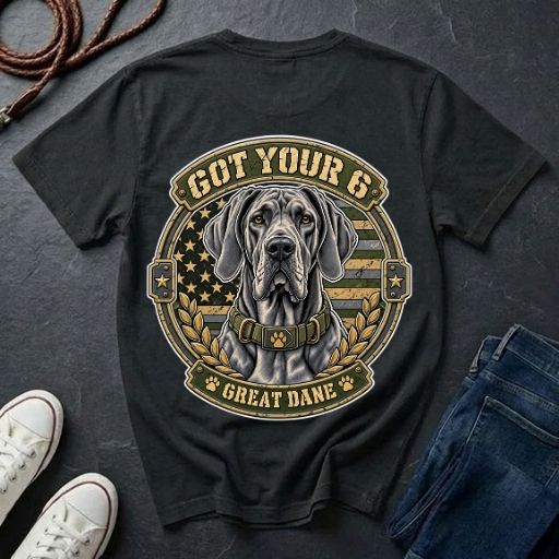 Great Dane Got Your 6 t-shirt design featuring tactical camo badge with dog portrait and collar detail on Comfort Colors tee, back print