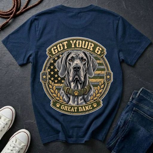 Great Dane Got Your 6 t-shirt design featuring tactical camo badge with dog portrait and collar detail on Comfort Colors tee, back print