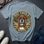 Boxer Got Your 6 t-shirt design featuring tactical camo badge with dog in military-style collar on Comfort Colors tee, back print