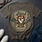 Chihuahua Got Your 6 t-shirt design featuring tactical camo badge with dog in military gear on Comfort Colors tee, back print