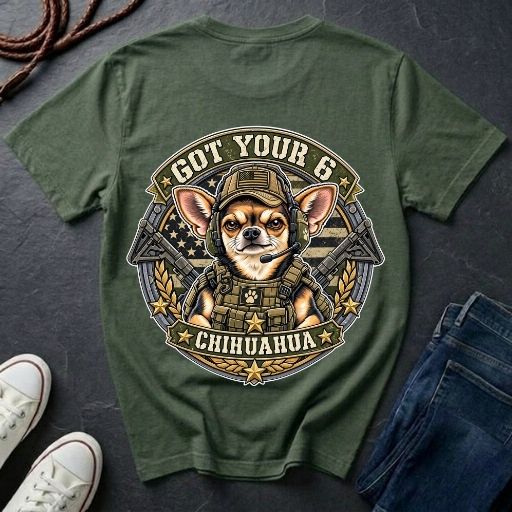 Chihuahua Got Your 6 t-shirt design featuring tactical camo badge with dog in military gear on Comfort Colors tee, back print