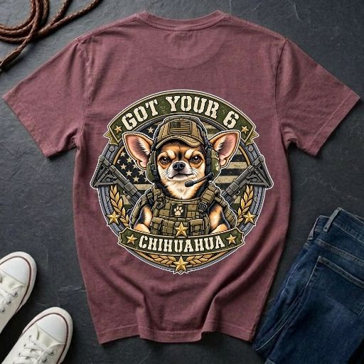 Chihuahua Got Your 6 t-shirt design featuring tactical camo badge with dog in military gear on Comfort Colors tee, back print