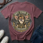 Chihuahua Got Your 6 t-shirt design featuring tactical camo badge with dog in military gear on Comfort Colors tee, back print