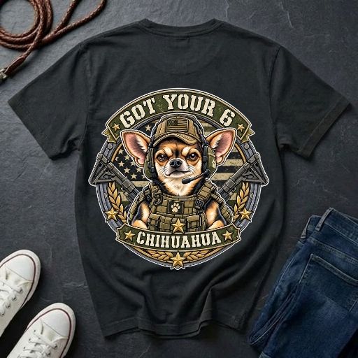 Chihuahua Got Your 6 t-shirt design featuring tactical camo badge with dog in military gear on Comfort Colors tee, back print