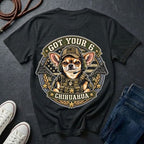 Chihuahua Got Your 6 t-shirt design featuring tactical camo badge with dog in military gear on Comfort Colors tee, back print