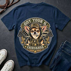 Chihuahua Got Your 6 t-shirt design featuring tactical camo badge with dog in military gear on Comfort Colors tee, back print