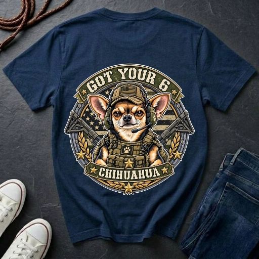 Chihuahua Got Your 6 t-shirt design featuring tactical camo badge with dog in military gear on Comfort Colors tee, back print