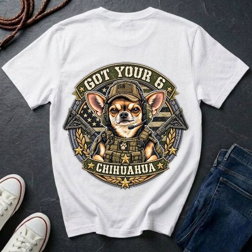 Chihuahua Got Your 6 t-shirt design featuring tactical camo badge with dog in military gear on Comfort Colors tee, back print
