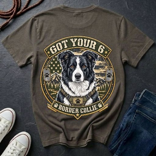 Border Collie Got Your 6 Shirt — Loyal Working Partner Tactical Tee — Comfort Colors 1717