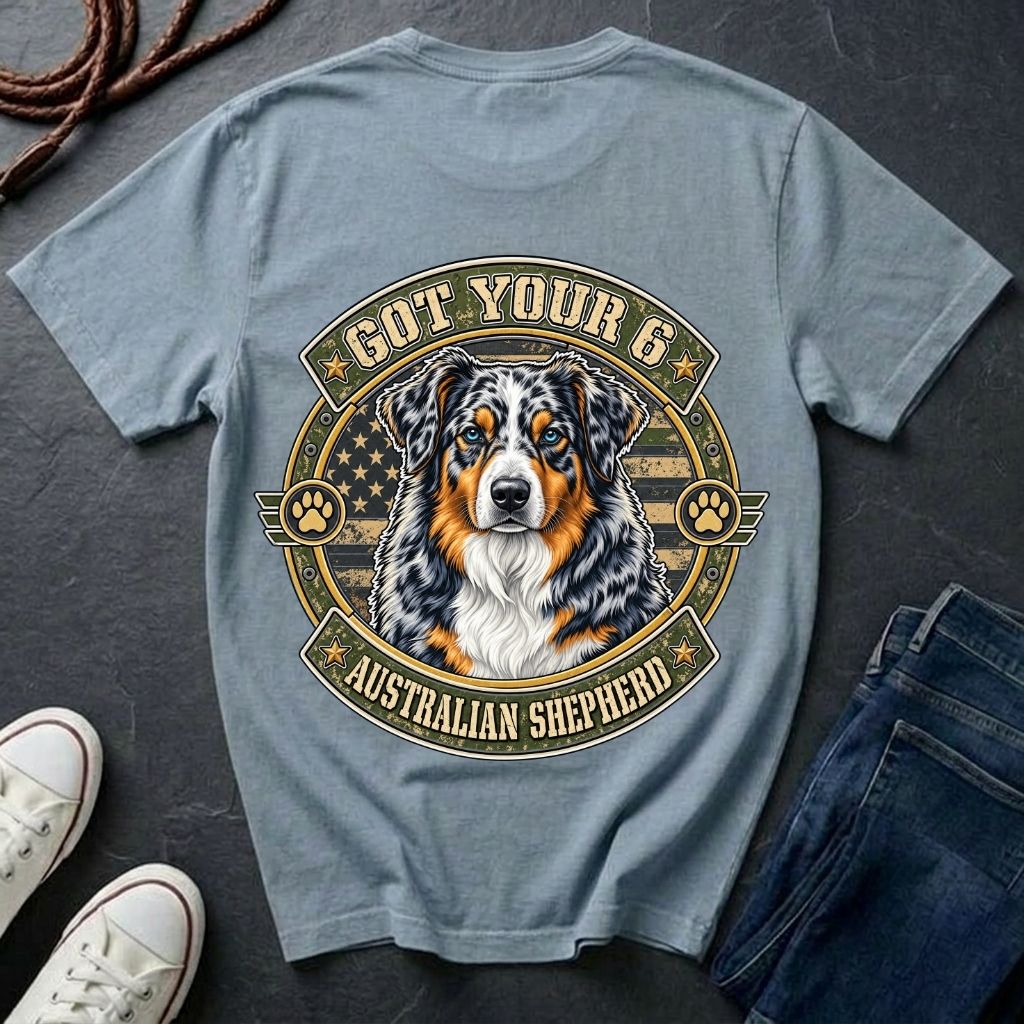 Australian Shepherd Got Your 6 t-shirt design featuring a tactical distressed badge with blue merle Australian Shepherd portrait and American flag on Comfort Colors tee in chambray