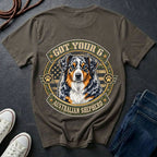 Australian Shepherd Got Your 6 t-shirt design featuring a tactical distressed badge with blue merle Australian Shepherd portrait and American flag on Comfort Colors tee in grey