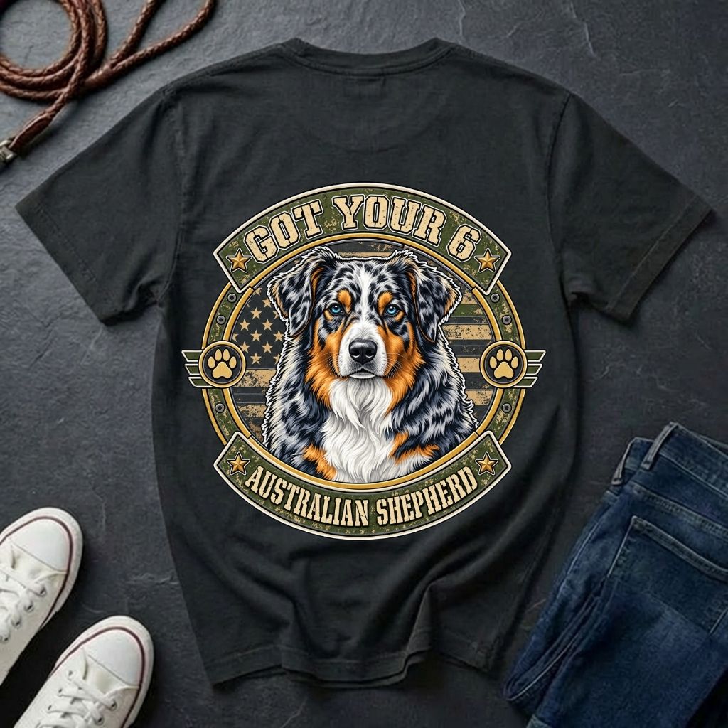 Australian Shepherd Got Your 6 t-shirt design featuring a tactical distressed badge with blue merle Australian Shepherd portrait and American flag on Comfort Colors tee in black