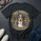 Australian Shepherd Got Your 6 t-shirt design featuring a tactical distressed badge with blue merle Australian Shepherd portrait and American flag on Comfort Colors tee in black