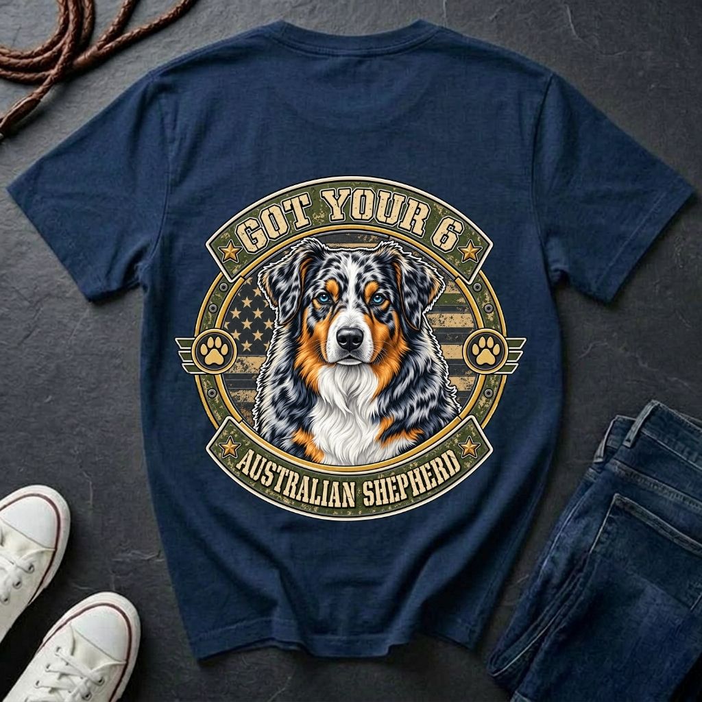 Australian Shepherd Got Your 6 t-shirt design featuring a tactical distressed badge with blue merle Australian Shepherd portrait and American flag on Comfort Colors tee in navy