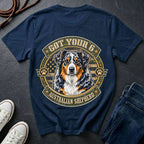 Australian Shepherd Got Your 6 t-shirt design featuring a tactical distressed badge with blue merle Australian Shepherd portrait and American flag on Comfort Colors tee in navy