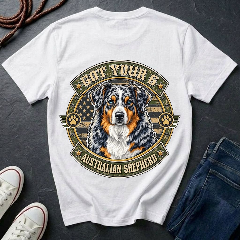 Australian Shepherd Got Your 6 t-shirt design featuring a tactical distressed badge with blue merle Australian Shepherd portrait and American flag on Comfort Colors tee in white