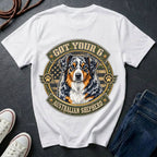 Australian Shepherd Got Your 6 t-shirt design featuring a tactical distressed badge with blue merle Australian Shepherd portrait and American flag on Comfort Colors tee in white