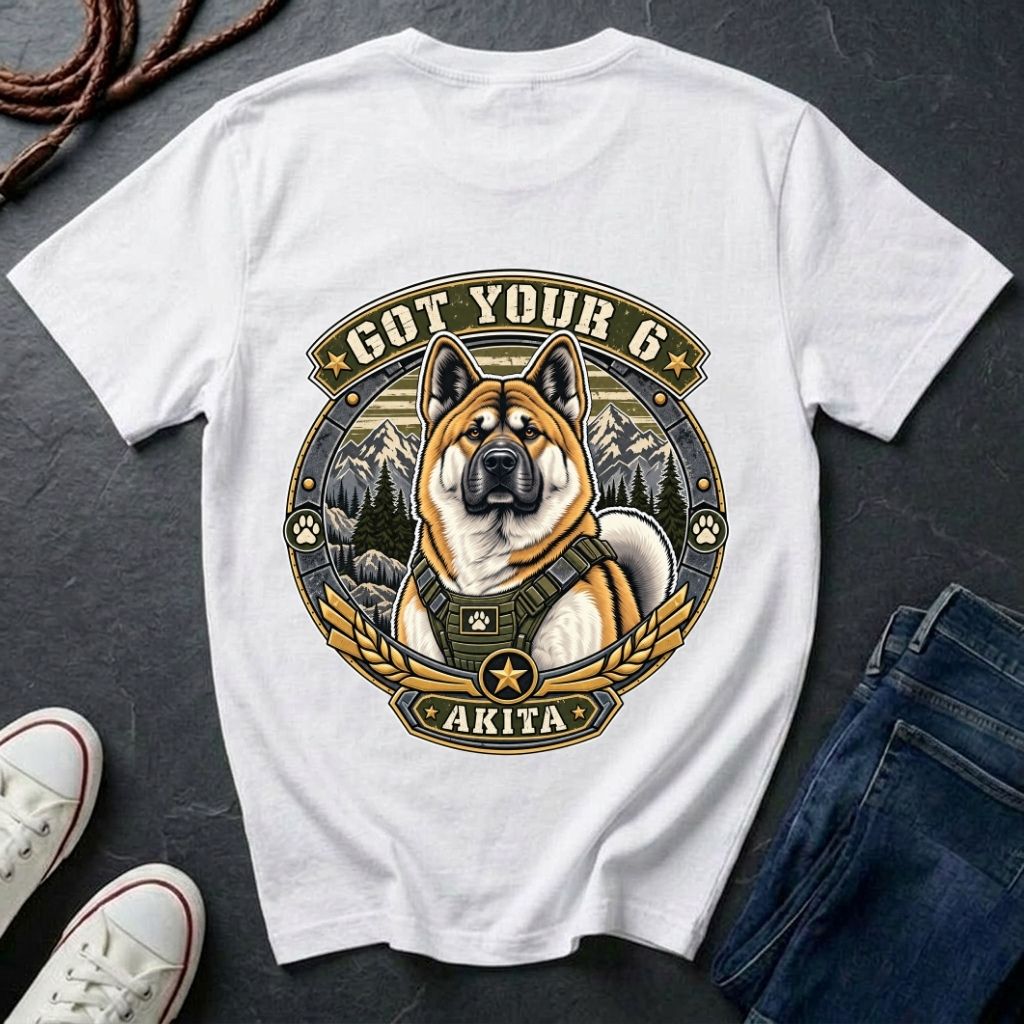 Akita Got Your 6 t-shirt design featuring a tactical distressed badge with Akita portrait and mountain backdrop on Comfort Colors tee in white