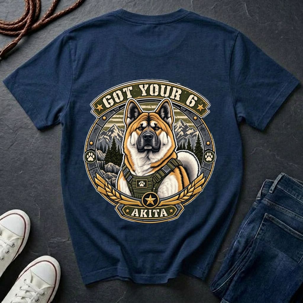 Akita Got Your 6 t-shirt design featuring a tactical distressed badge with Akita portrait and mountain backdrop on Comfort Colors tee in navy