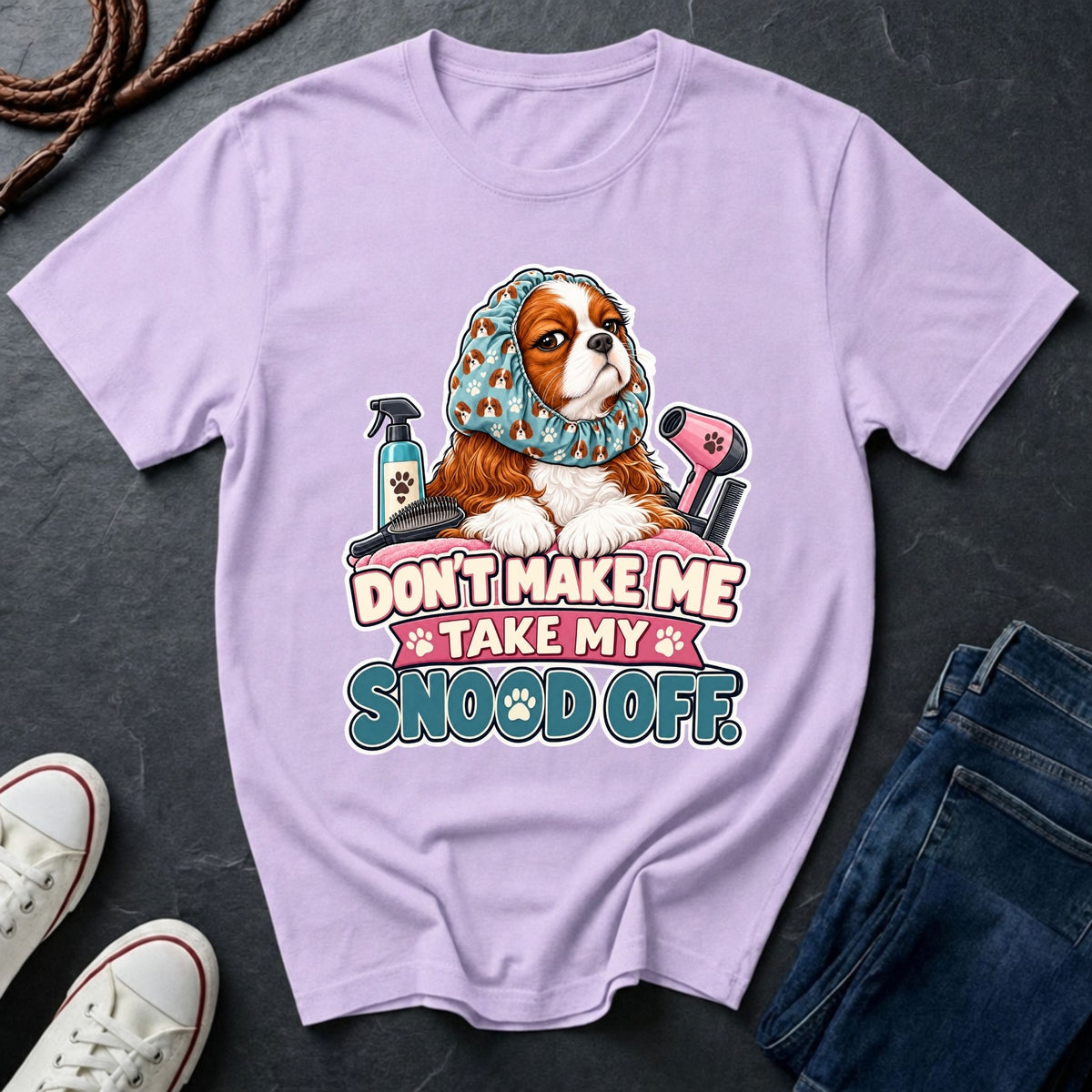  Cavalier King Charles Spaniel wearing a grooming snood illustration on "Don't Make Me Take My Snood Off" Comfort Colors t-shirt in Orchid