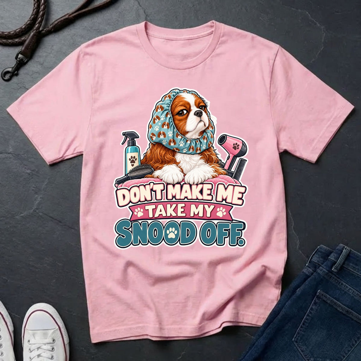  Cavalier King Charles Spaniel wearing a grooming snood illustration on "Don't Make Me Take My Snood Off" Comfort Colors t-shirt in blossom