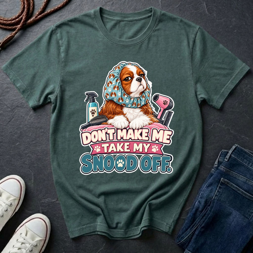  Cavalier King Charles Spaniel wearing a grooming snood illustration on "Don't Make Me Take My Snood Off" Comfort Colors t-shirt in seafoam