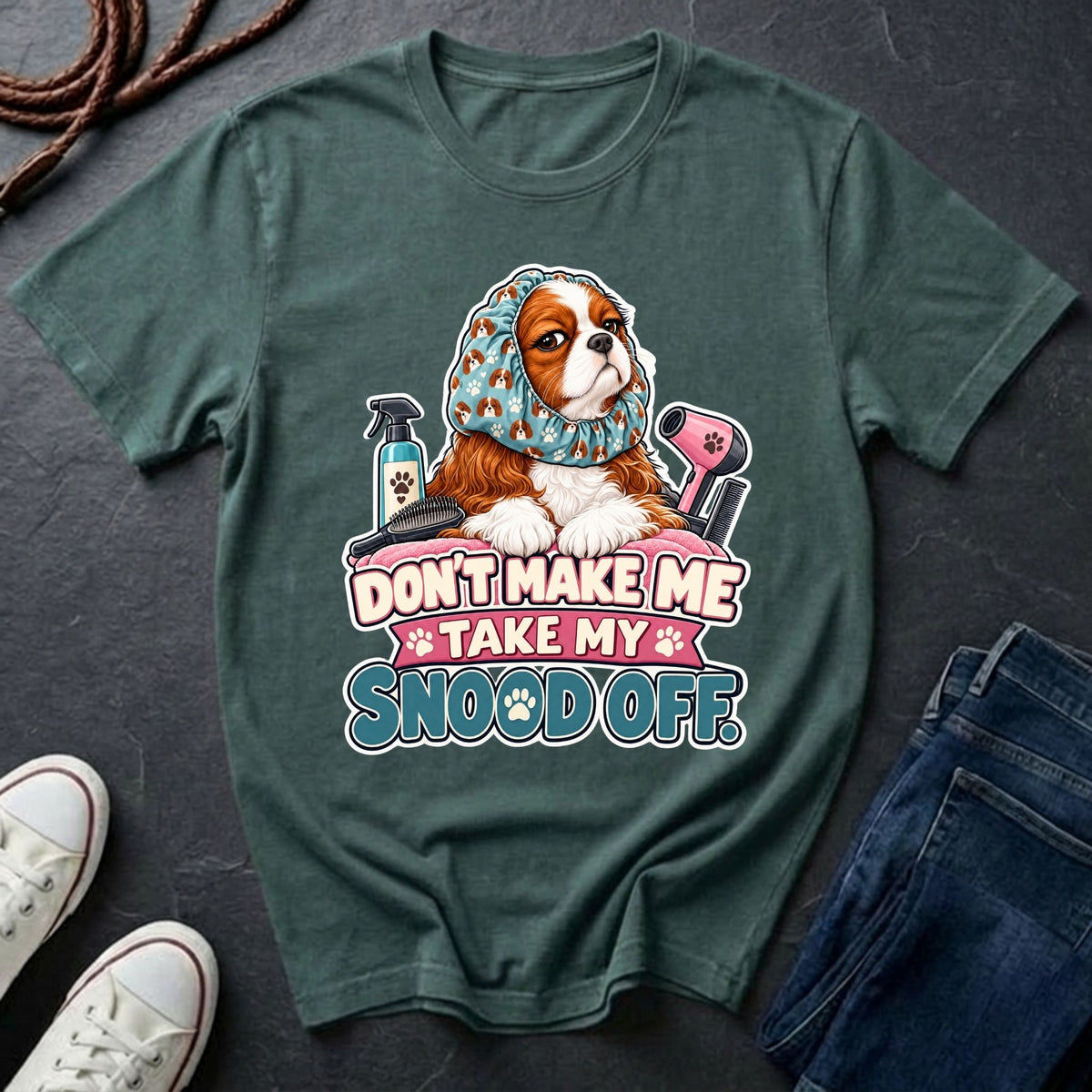  Cavalier King Charles Spaniel wearing a grooming snood illustration on "Don't Make Me Take My Snood Off" Comfort Colors t-shirt in seafoam