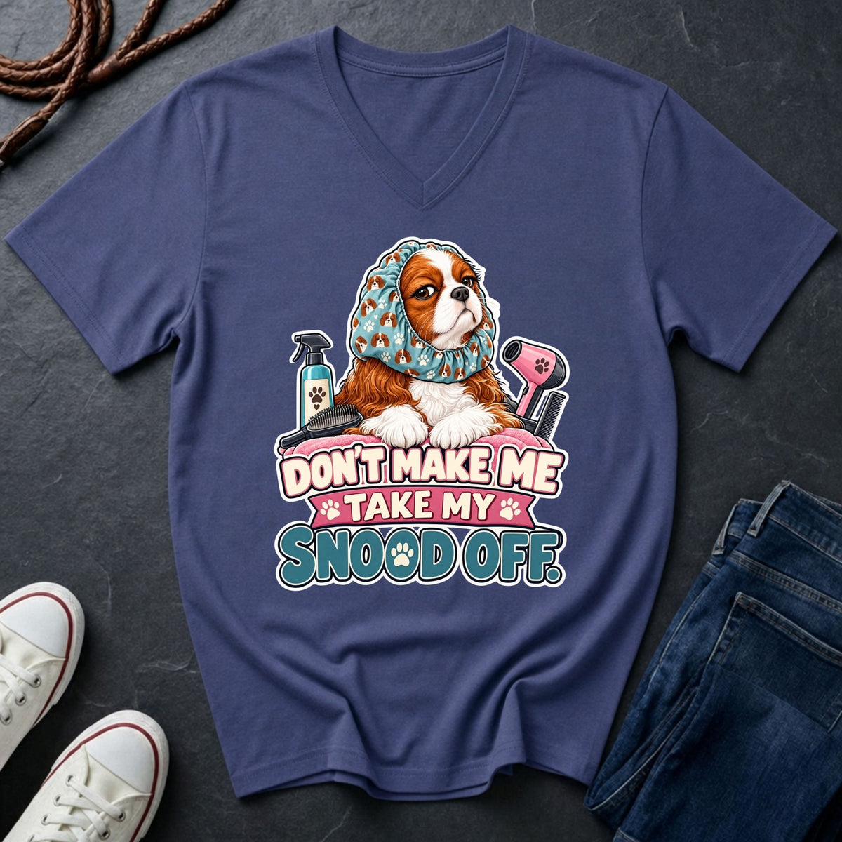 Cavalier King Charles Spaniel Snood V-Neck Shirt — Don't Make Me Take My Snood Off — Gildan Softstyle
